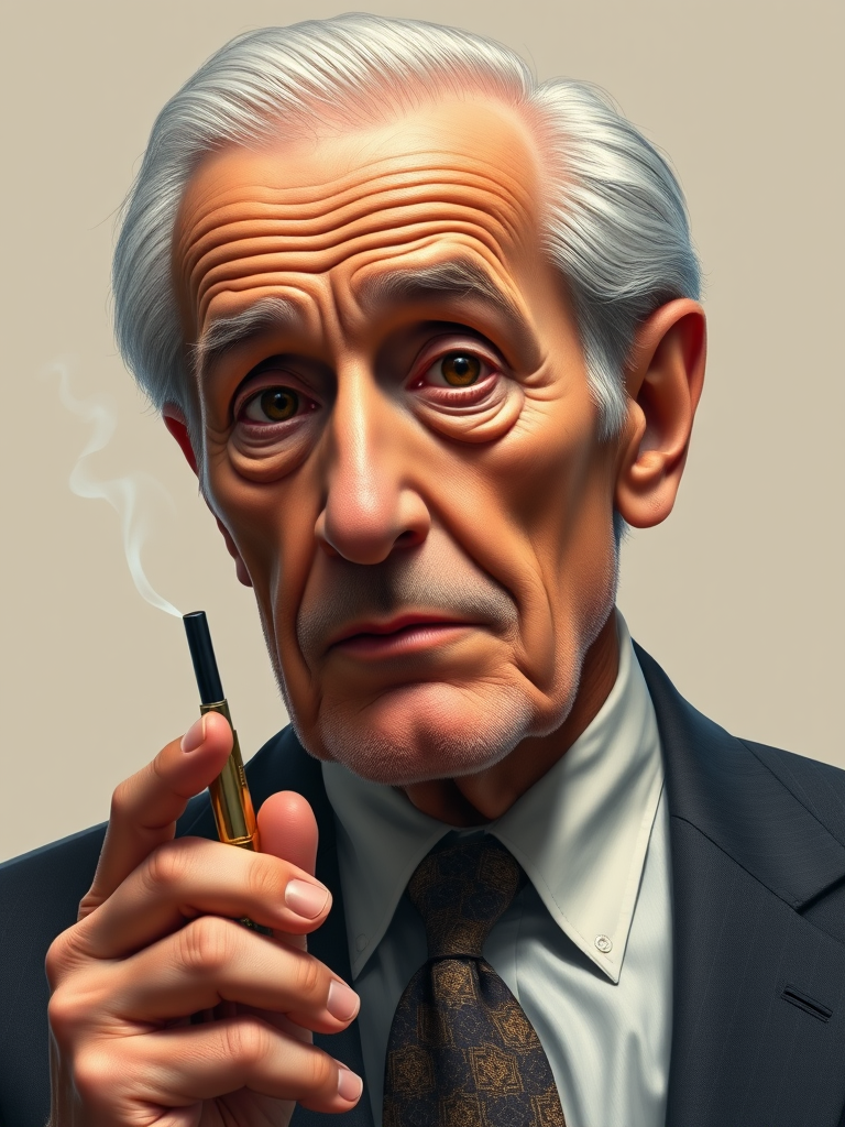 Generate a highly detailed digital illustration of an elderly man in a business suit, holding a smoking object in one hand, with a neutral background, using a Canon EOS R5 with a 50mm f/1.2 lens, aperture set to f/4, ISO 100, and natural soft lighting, focusing on a sharp and vivid color palette.