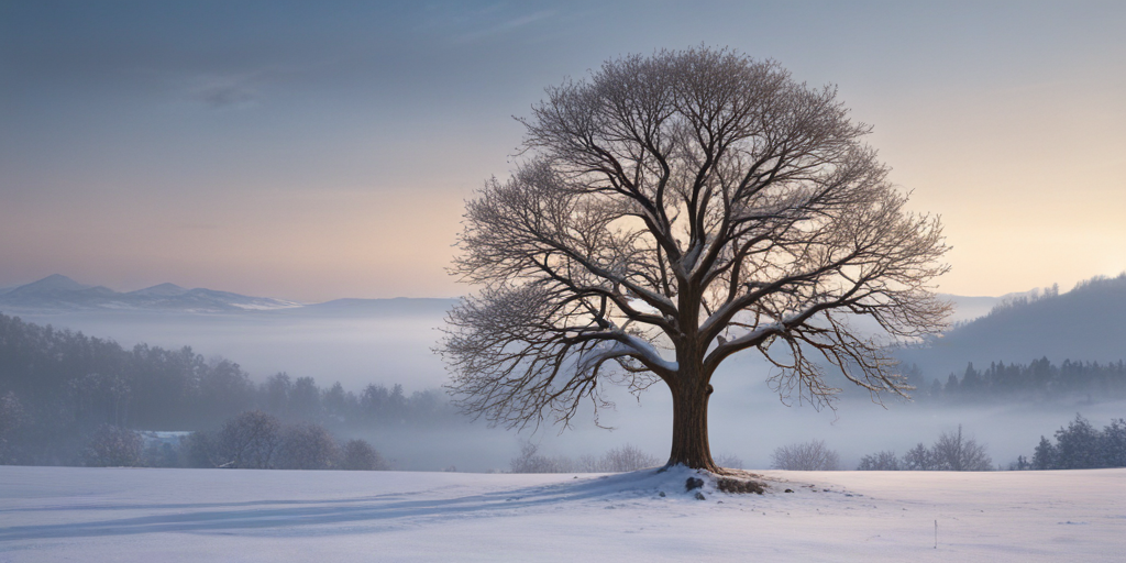 A Majestic Winter Tree Standing Alone in a Serene Snowy Landscape.