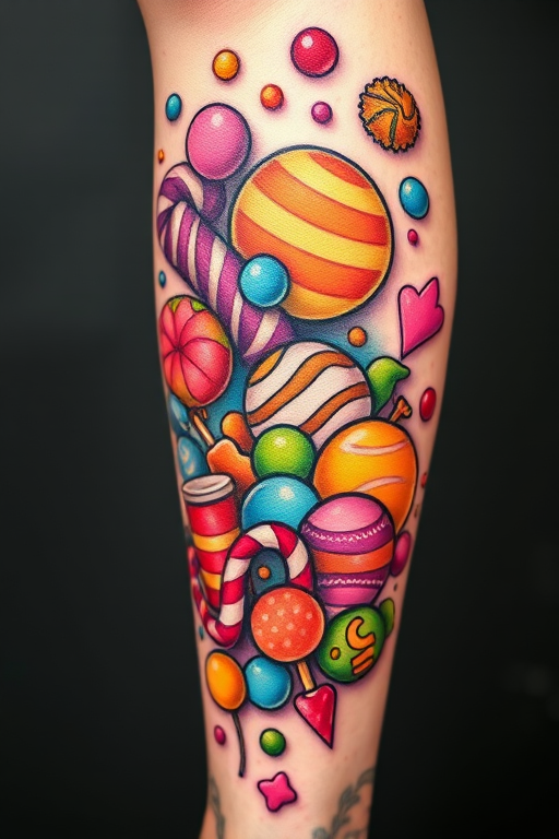 Vibrant new school tattoo called "Candy Crush Dreams" with bold outlines and exaggerated cartoon-style elements depicting a whimsical and colorful scene of fantastical sweets and treats on the leg