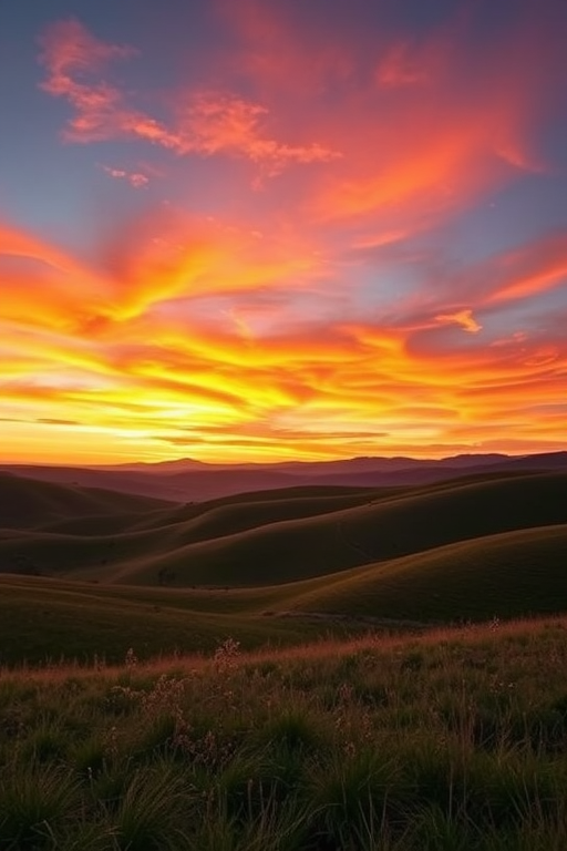 Create an image of a serene landscape featuring rolling hills and a vibrant sunset sky using a DSLR camera with a 24mm lens, aperture f/8, shutter speed 1/125 sec, ISO 200, shot from a wide-angle view to capture depth and detail in high resolution.