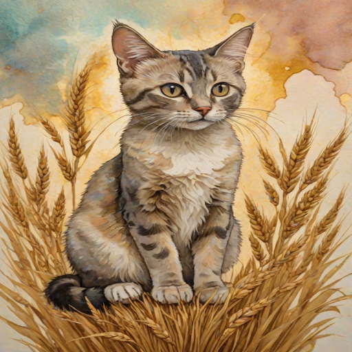 Soft, muted Alcohol Ink with ebru effect background image of tiny whimsical cat, who climbed high on the top of a golden rye ear.