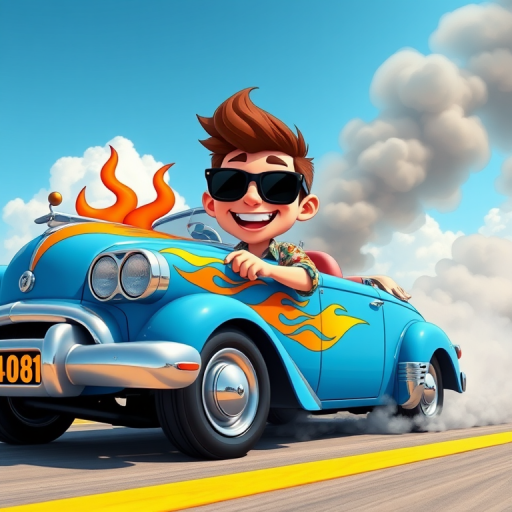 Create a vibrant cartoon image of a cheerful character with sunglasses and a floral shirt driving a vintage blue car with flames on the hood, smoke billowing from the exhaust, taken from a low angle with a wide-angle lens, using a digital camera set to high resolution with bright colors and sharp contrast.