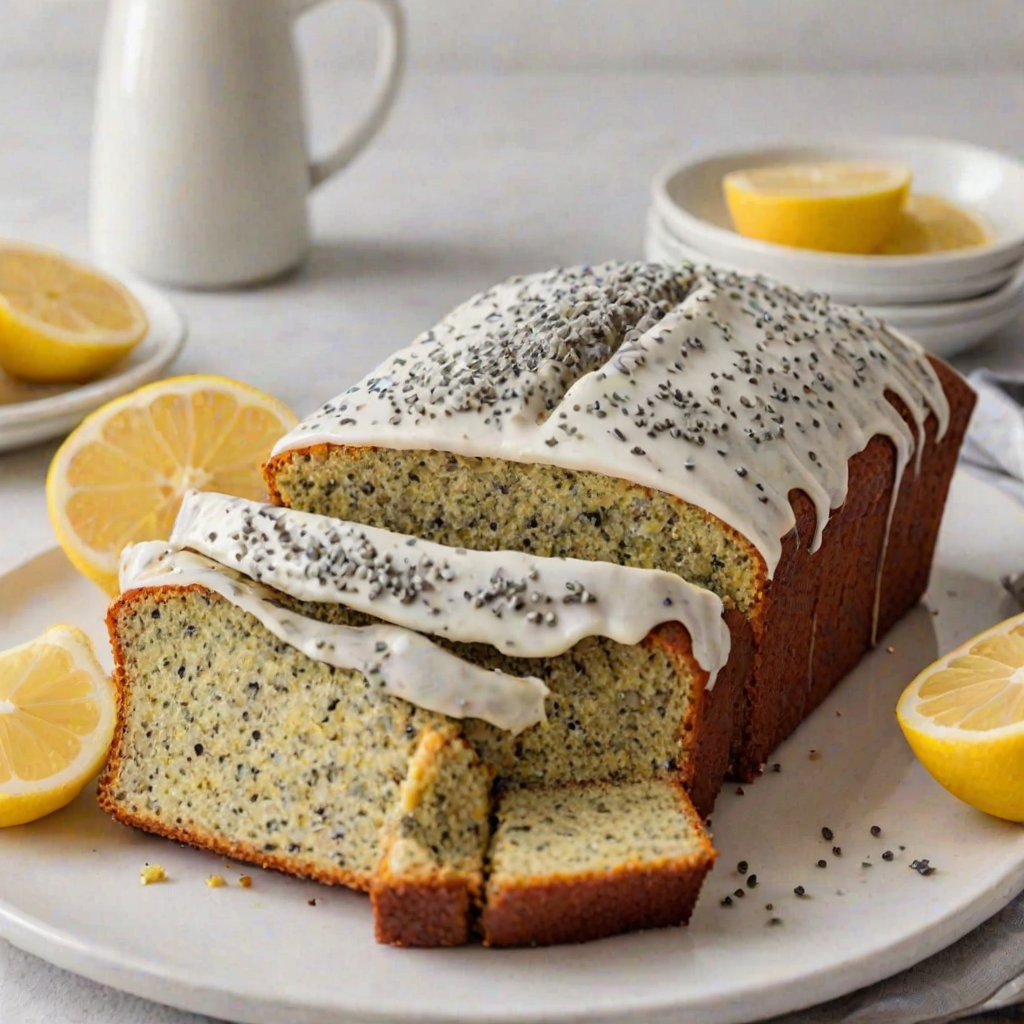 Generate an image of a sliced lemon poppy seed loaf cake. The cake should have a moist, textured interior with visible poppy seeds and a light glaze on top. The background should be simple and clean, emphasizing the cake on a white plate.