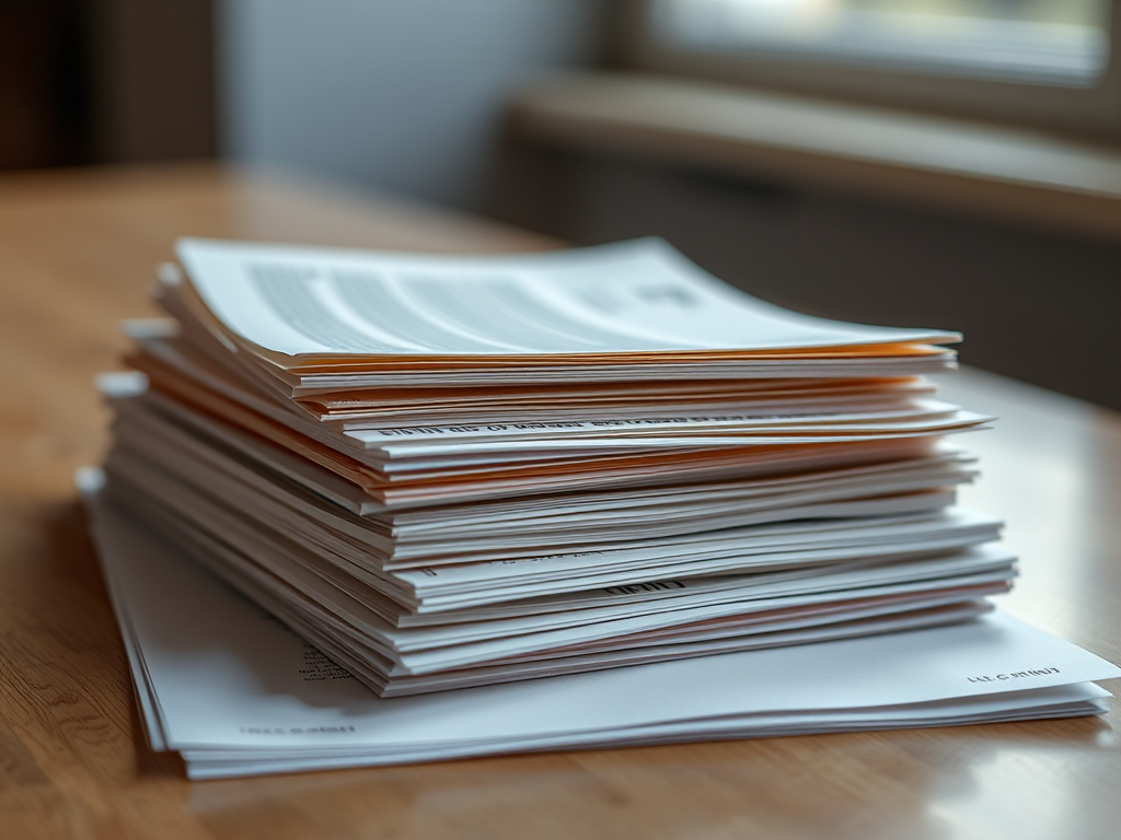 Create a high-resolution image of three stacks of papers, with soft natural lighting, shot with a Canon EOS R5 at f/4, ISO 100, 1/200 sec, using a 24-70mm lens from a slightly elevated angle to emphasize depth and texture.