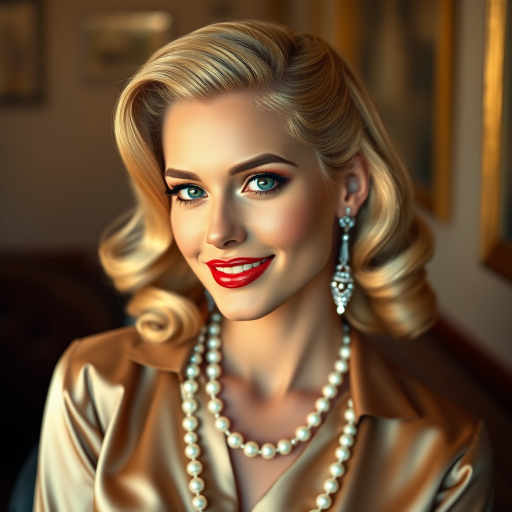 A beautiful Inca woman reminiscent of 1950s Hollywood glamour, with perfectly styled blonde hair and a seductive smile, dressed in a satin blouse and adorned with pearls, soft and warm tones, photorealistic, 8K