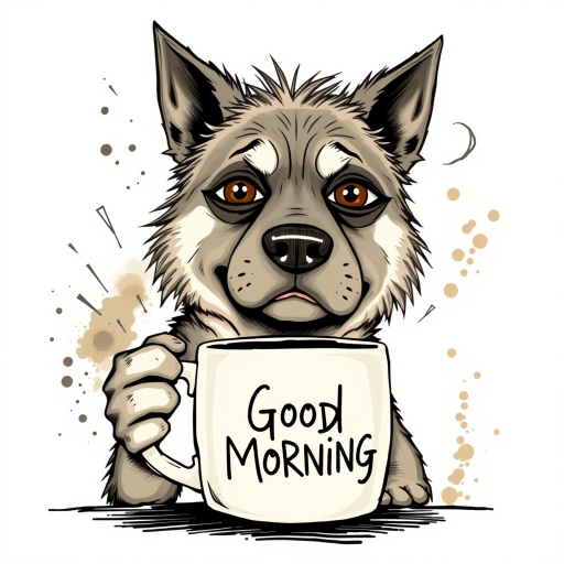 A quirky, artistic illustration of a disheveled akita pit dog breed with exaggerated, large eyes and spiky fur, holding a coffee mug that reads "Good Morning". The dog has a tired but humorous expression, with ink splatters and abstract details surrounding it, giving a whimsical feel to the image. The color palette is mostly monochrome with hints of brown in the eyes and steam rising from the mug, enhancing the overall sleepy vibe