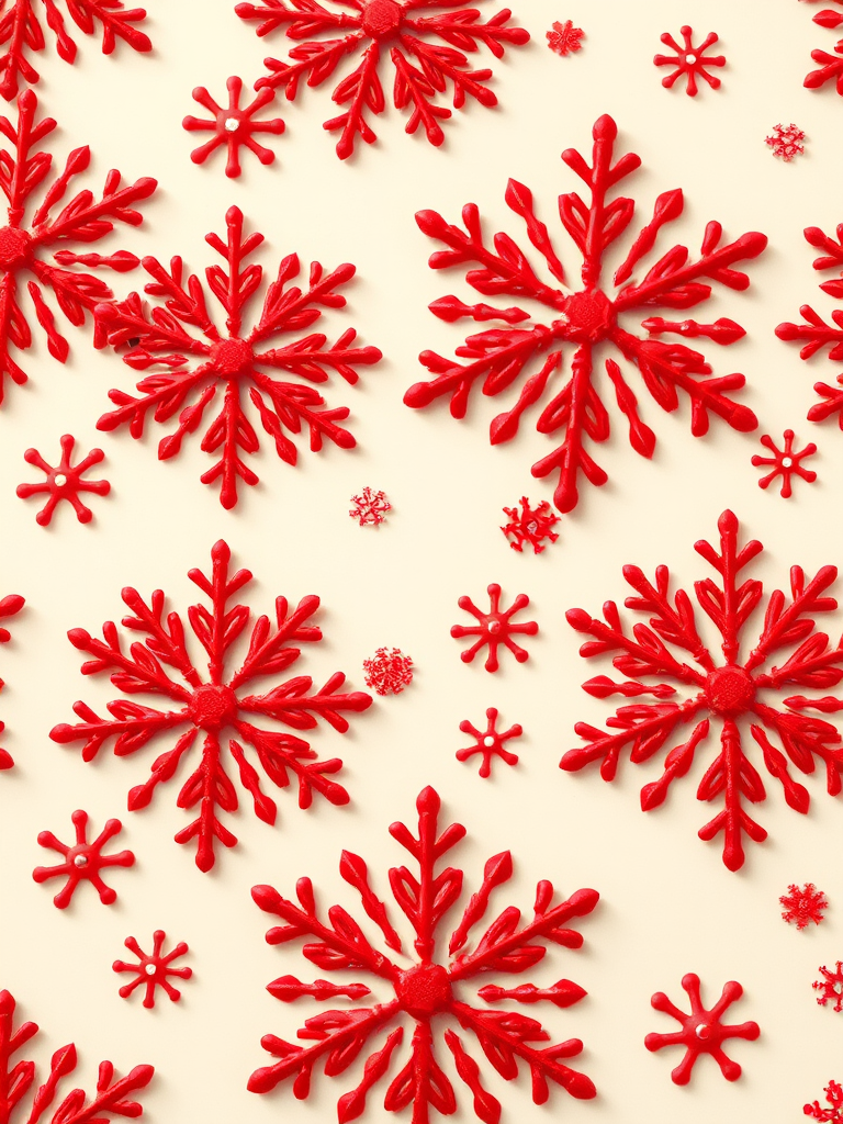 Create a seamless pattern of various red snowflakes on a light cream background, using a macro lens at f/8 for sharp detail, with a wide-angle view and a DSLR camera type to enhance image quality.