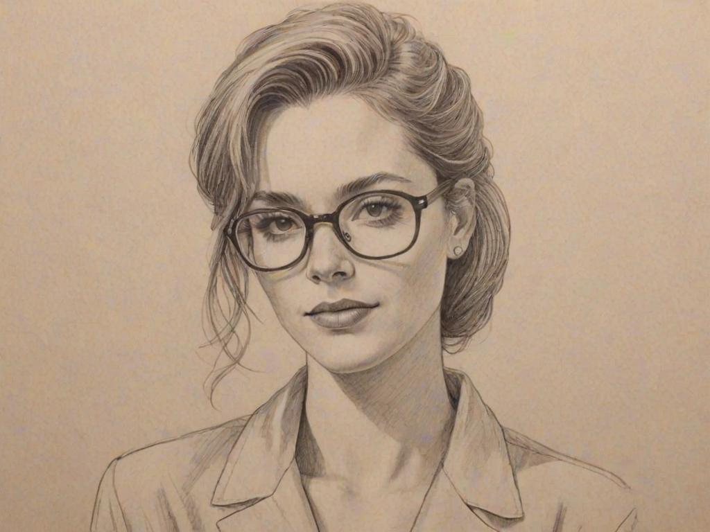 Superb Monique Gabriela Curnen, pencil sketch, portrait of Enchanting woman 1979s in glasses, hair style beatnik, outline, clear lines, fine lines, 8k