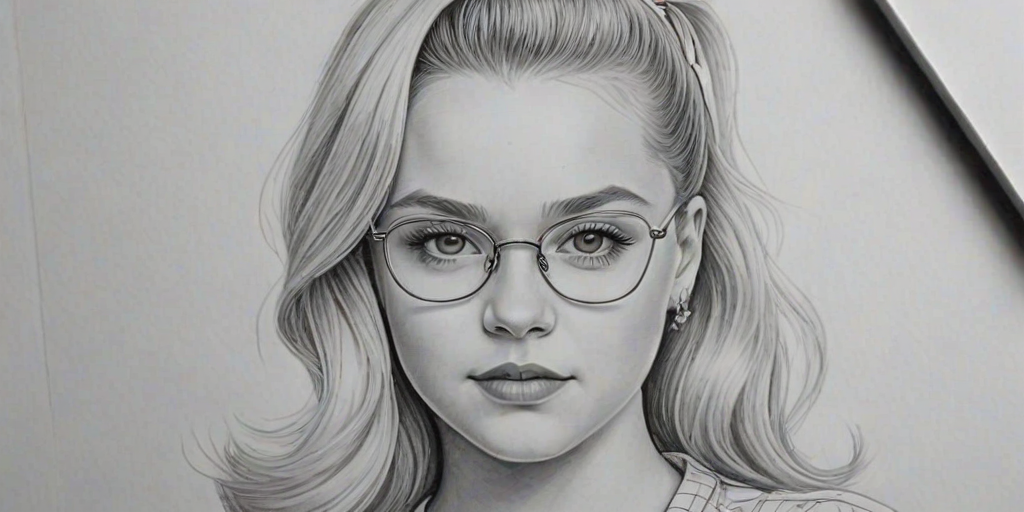 Exquisite JoJo Siwa, pencil sketch, portrait of Lovely woman 1926s in glasses, hair style beatnik, outline, clear lines, fine lines, 8k