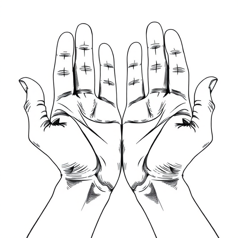 Create a high-resolution line art illustration of two open hands, focus on intricate details and textures, use a Canon EOS R5 camera with a 50mm f/1.2 lens, set aperture to f/8, shutter speed 1/125s, ISO 100, and shoot in natural light for enhanced contrast.