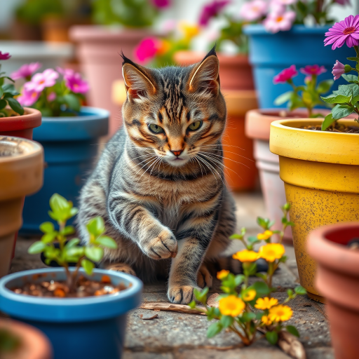 A gray tabby cat playing with something on the ground surrounded by colorful flower pots, shot with a Canon EOS R5, 50mm lens, aperture f/2.8, ISO 200, in natural light, shallow depth of field, vibrant colors.