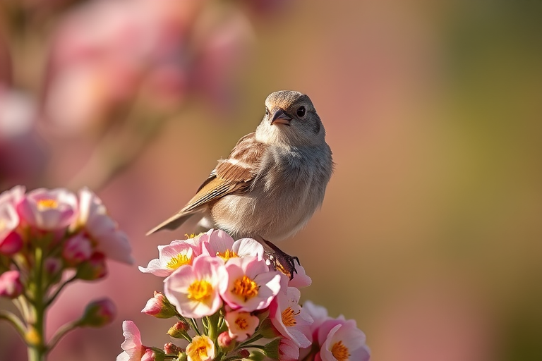 Capture a close-up of a sparrow perched on blooming flowers with a shallow depth of field, using a 50mm lens at f/2.8, ISO 200, and a shutter speed of 1/500s, in natural soft light for enhanced detail and clarity.