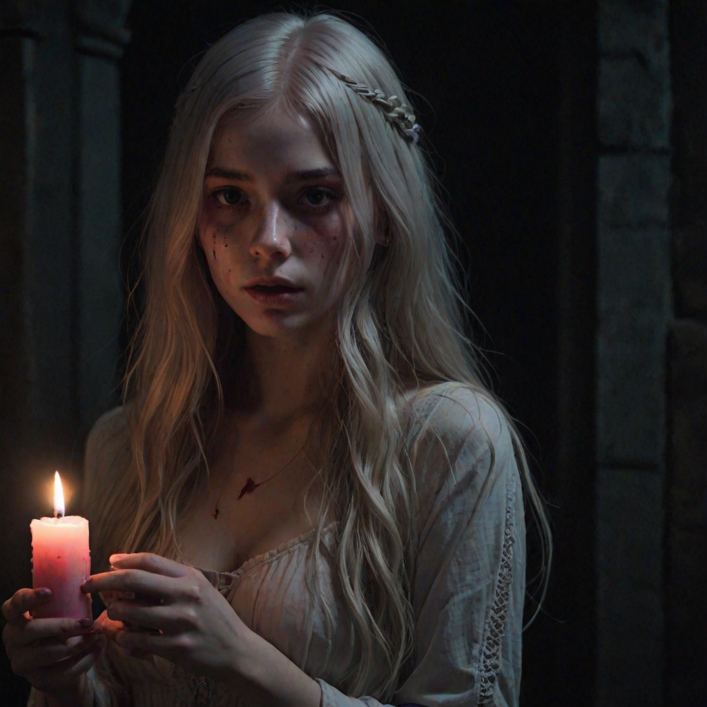 1girl, blood, solo, long hair, blood on face, Holding a burning candle, looking down , looking at candle, white hair, nosebleed, pink eyes, hair between eyes, lips, closed mouth, freckles, bangs, very long hair, standing in the dark castle, darkness, glow, dark theme, masterpiece, artistic, unusual, extraordinary, magical