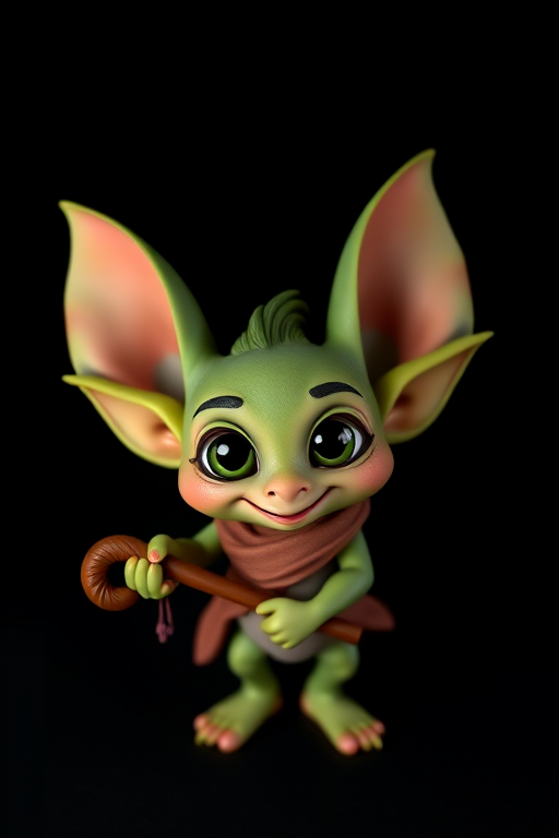 Create a cute cartoon character resembling a small green creature with large ears and a wise smile, holding a cane, set against a dark background, captured with a DSLR camera at f/2.8, ISO 100, 50mm lens, overhead view, with vibrant colors and high contrast.