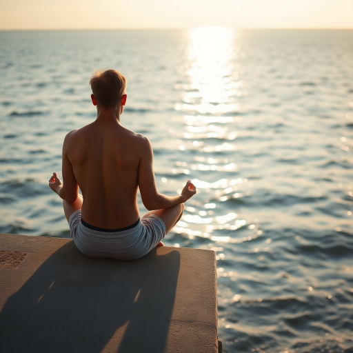 Capture a serene scene of a person meditating near the ocean, focusing on the back of a shirtless man sitting cross-legged on a concrete platform, with the sun reflecting on the water, use a Canon EOS R5 with a 35mm lens, f/2.8 aperture, ISO 100, at golden hour for soft lighting and enhanced colors.