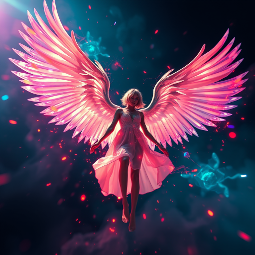 Create a vibrant, ethereal scene featuring a winged figure surrounded by dynamic light effects and abstract elements, shot with a DSLR camera at f/2.8, ISO 100, 1/200s, in a low-angle view with a wide-angle lens, employing a cinematic style for enhanced depth and clarity.