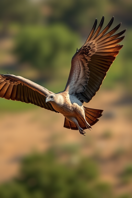 Render a high-resolution image of a flying vulture with detailed feather textures, taken with a DSLR camera at 50mm, f/4 aperture, ISO 100, in natural lighting with a slight upward angle to emphasize the wings' span.