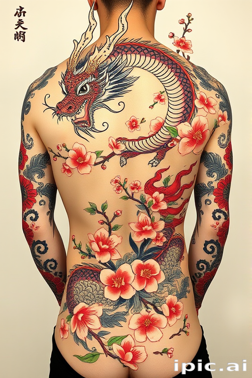 Elegant Japanese irezumi tattoo of a fierce dragon entwined with cherry blossoms, featuring bold colors and traditional motifs, flowing seamlessly across the entire back and arms
