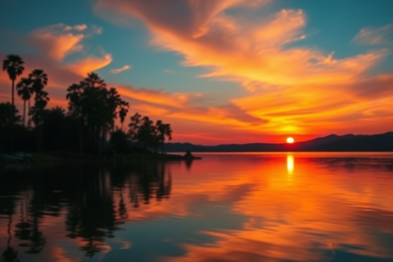 Create a high-resolution image of a colorful sunset over a serene lake with reflections in the water, using a DSLR camera with a 50mm lens, aperture set to f/8, ISO 100, and a slow shutter speed of 1/30 seconds, shot from a low angle to capture the foreground with a focus on vibrant colors and clarity.