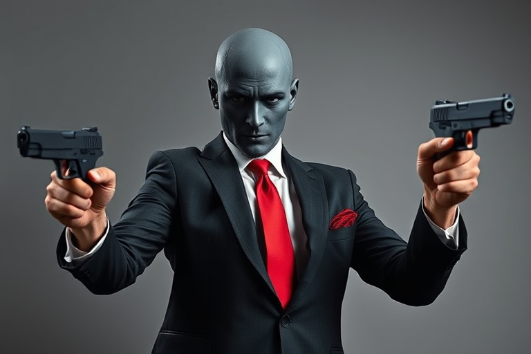 Create an action-packed image of a faceless man in a suit and red tie, dynamically posed with a gun in each hand, captured in a high-contrast style, using a DSLR camera with a 50mm lens, f/1.8 aperture, ISO 100, and a wide-angle view to enhance detail and clarity.