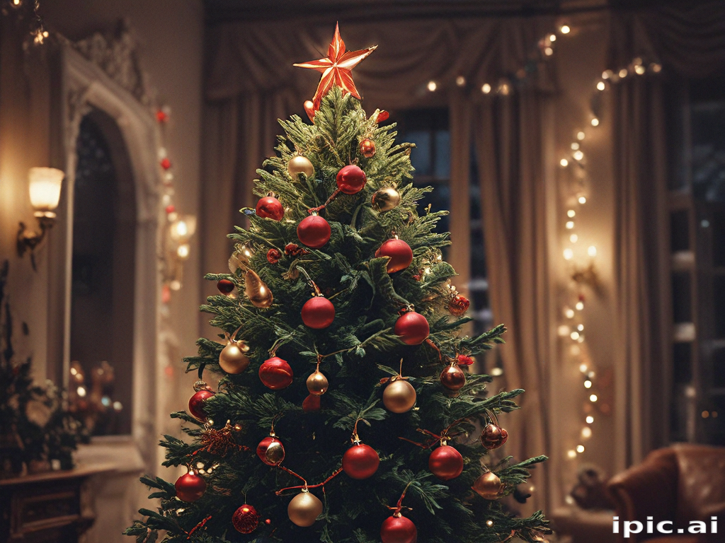 Beautifully Decorated Christmas Tree with Star and Ornaments in Cozy ...