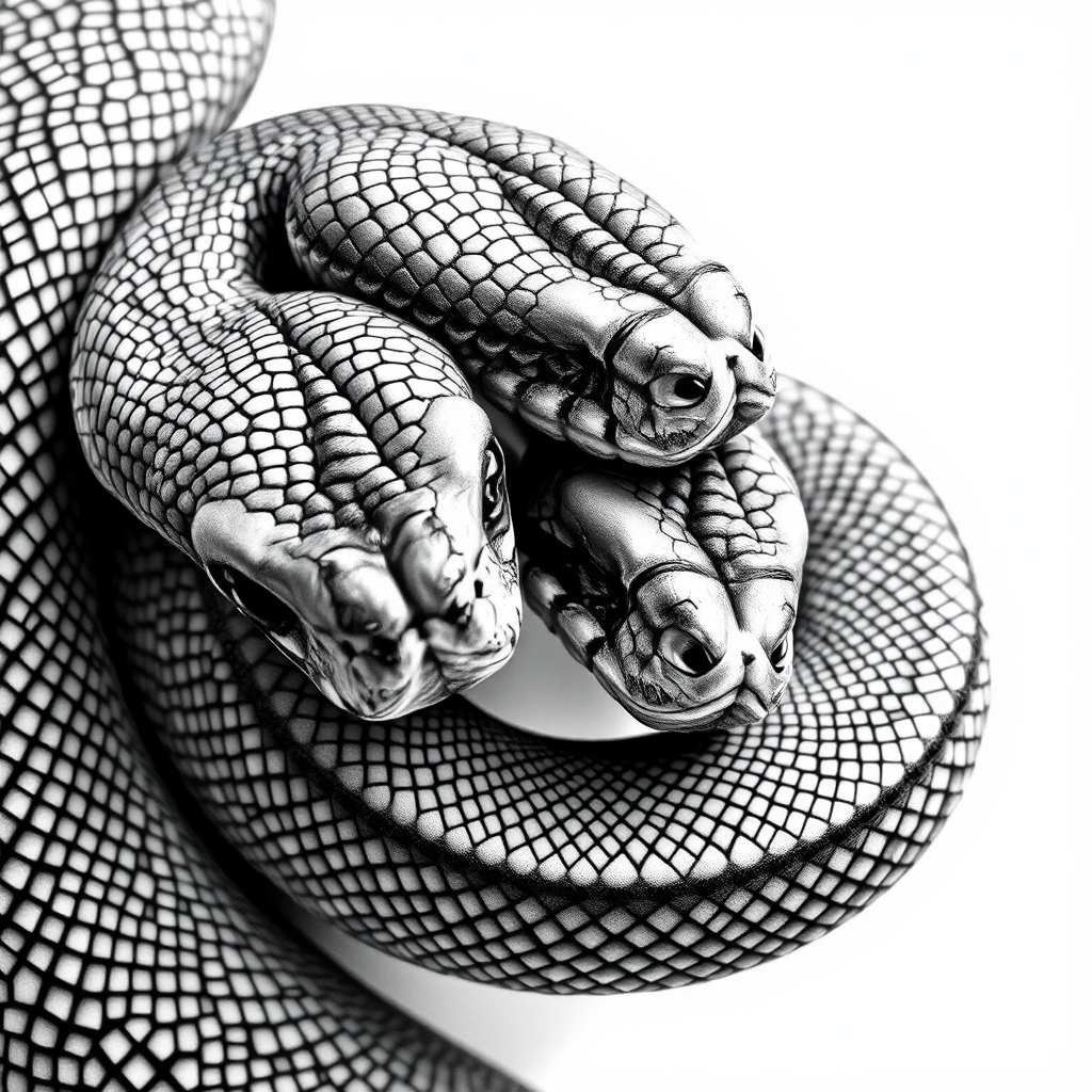 Create a detailed illustration of two snakes intertwined, featuring intricate scales and textures, with high contrast black and white shading, using a DSLR camera with a 50mm lens, aperture set at f/8, ISO 200, and shot in macro view.