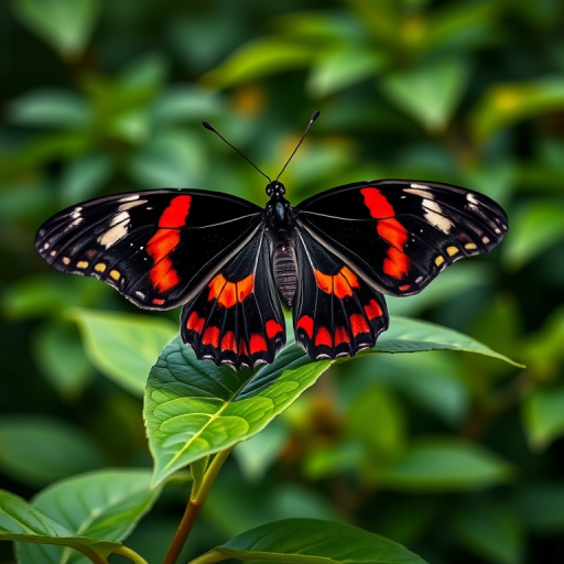 Generate an image of a butterfly perched on a green leaf. The butterfly has black wings with red and white markings, showcasing intricate details and vibrant colors. The background is lush and blurred, emphasizing the butterfly as the focal point.