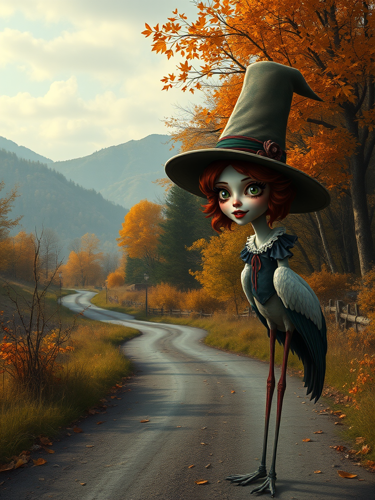 digital art fantasy depicting a strange girl with red hair, long eyelashes, brown lipstick and a tall hat walking along a winding road on an autumn afternoon, an Stork smiles as she passes