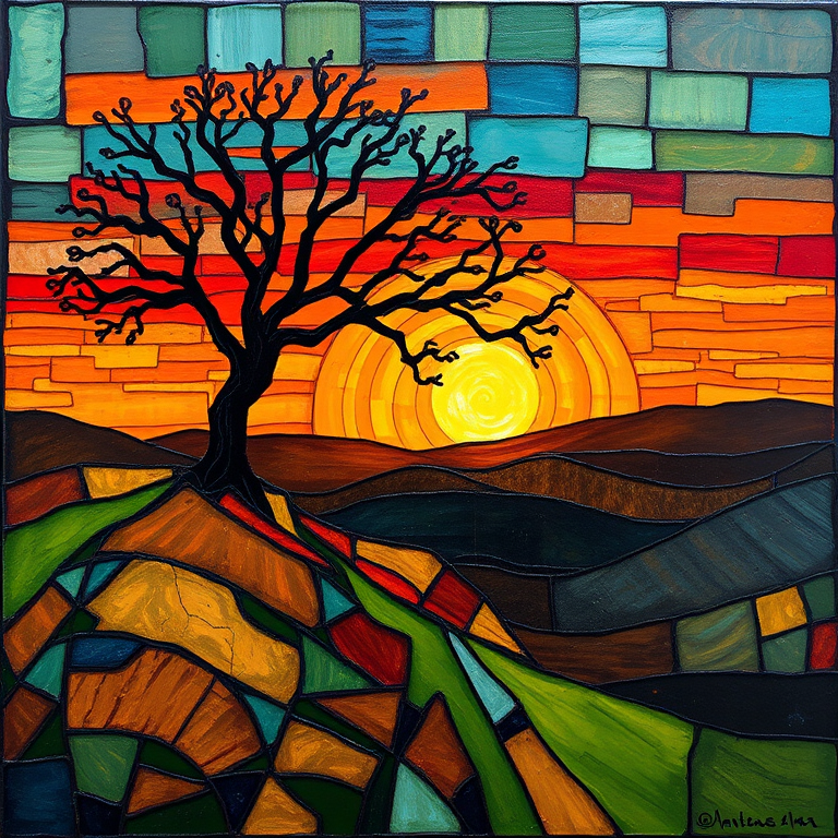 A vibrant abstract painting on Tiffany Glass, blending acrylic and alcohol ink techniques, captures a dramatic sunset over rolling hills. The artwork features a textured, rocky foreground in green and brown, layered abstract hills, and a striking sunset in rich oranges, yellows, and reds. A solitary black tree with intricate branches contrasts against the fiery sky, creating a dynamic and expressive portrayal of a breathtaking natural scene.