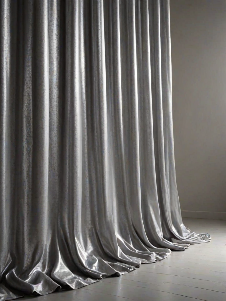 create a realistic silver curtain draped elegantly on a simple stand with a glossy texture and soft lighting