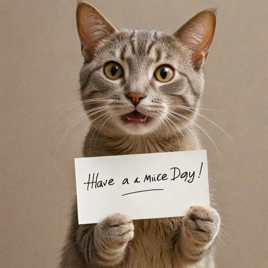 cat holding a note which says "Have a mice day!"