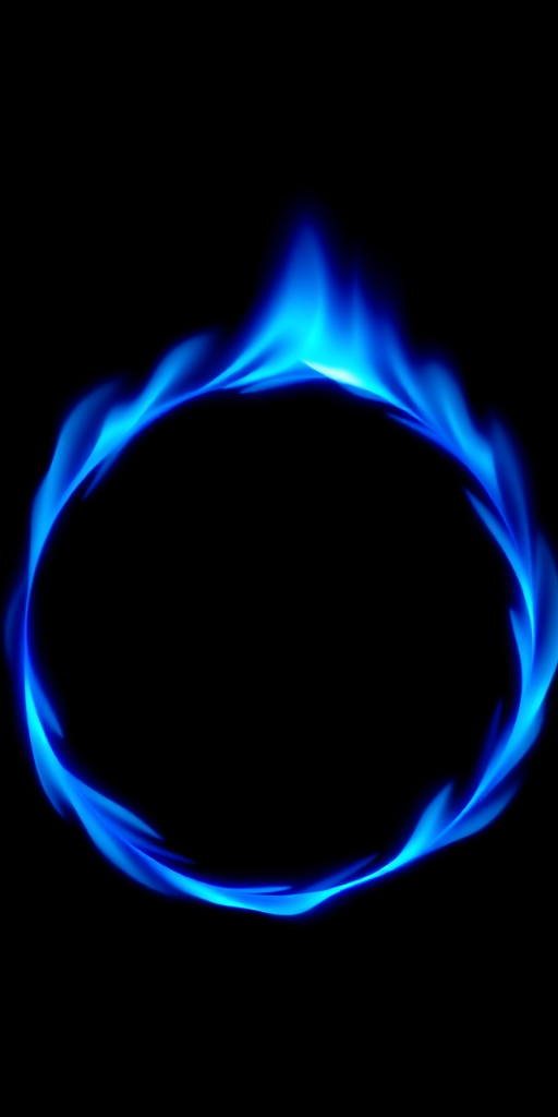 Generate a vibrant blue flame circle on a black background with high contrast, using a DSLR camera, 50mm lens, f/1.8 aperture, ISO 100, 1/200 sec shutter speed, and shoot in portrait orientation for enhanced detail and clarity.