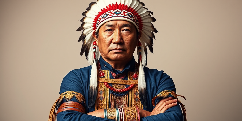 Create a dignified portrait of a Native American man dressed in traditional attire. He wears a beautifully crafted headdress adorned with white feathers and red beads, along with a beaded headband featuring intricate patterns. His clothing includes a deep blue, patterned shirt and a traditional chest piece with detailed beadwork. His arms are crossed, displaying leather armbands decorated with feathers. The background is simple and neutral, emphasizing his proud and stoic expression. The overall image captures the rich cultural heritage and strength of his persona.