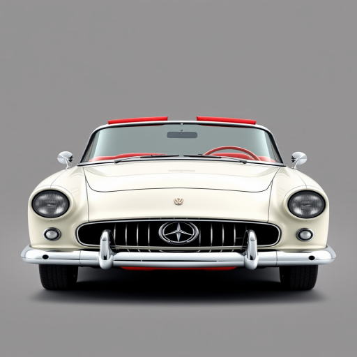 generate a high-quality vector illustration of a classic 1953 white convertible car with red interior, front view, 50mm lens, f/8 aperture, natural lighting, studio backdrop, digital illustration style
