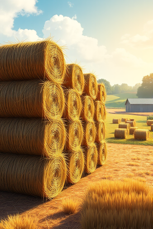 Create a realistic illustration of stacked hay bales in a sunlit rural setting, aperture f/8, ISO 100, 50mm lens, shallow depth of field, natural lighting, high-resolution digital art.