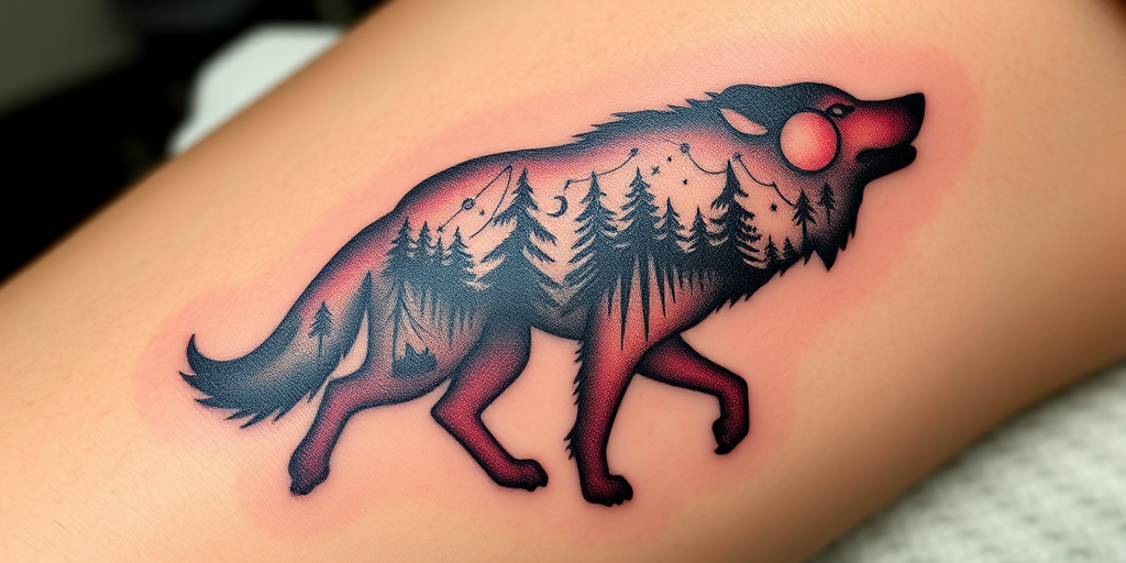 nature-inspired dotwork tattoo featuring a majestic wolf silhouette filled with intricate forest scenes and constellations, gradually fading into the skin for a ethereal effect