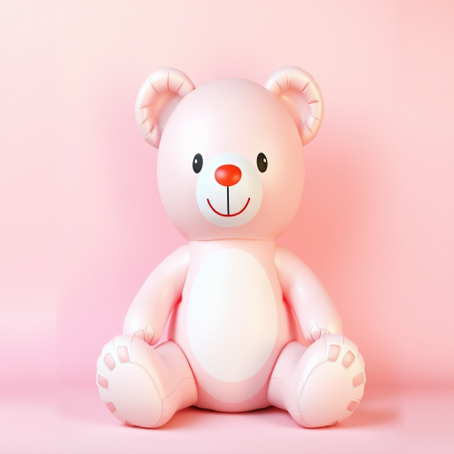 Create a high-resolution image of a pastel-colored inflatable teddy bear sitting upright, with a soft pink backdrop, using a DSLR camera with a 50mm lens, f/1.8 aperture, ISO 100, and natural lighting for enhanced texture and detail.