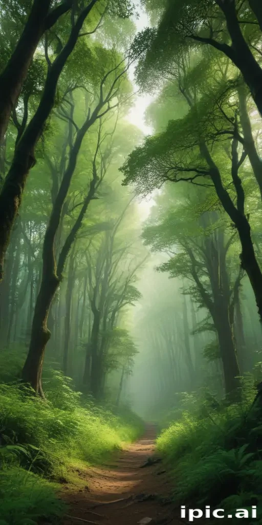 Serene Forest Pathway Surrounded by Lush Green Trees and Misty Atmosphere