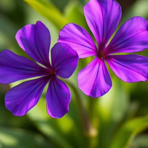 Regenerate a close-up image of two vibrant purple flowers with soft green foliage in the background, taken with a DSLR camera using a 50mm lens at f/2.8, ISO 100, in natural lighting for enhanced detail and color saturation.