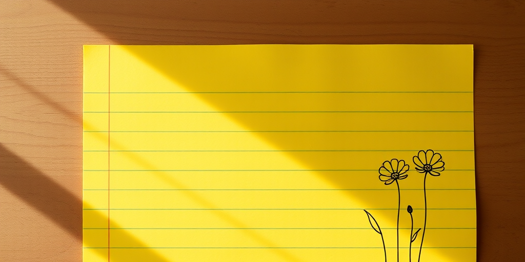 Create an image of a sheet of yellow lined paper with a simple black line drawing of three flowers in the lower right corner, shot with a 50mm lens at f/2.8, ISO 100, in natural light, using a DSLR camera from a top-down view.