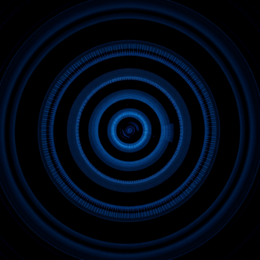 Create a high-resolution abstract image of a spiral pattern with concentric circles in shades of blue and black, using a Canon EOS R5 camera, 50mm lens, f/8 aperture, ISO 100, and a shot angle of 45 degrees for depth.