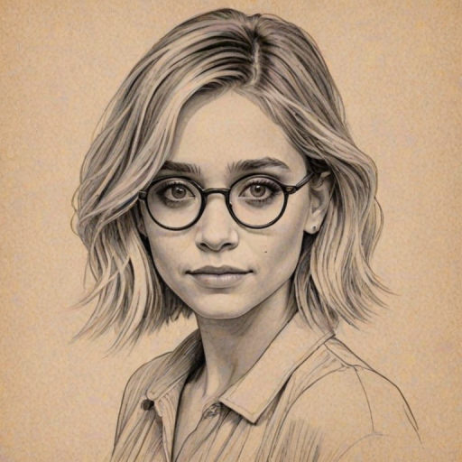 Comely Ashley Olsen, pencil sketch, portrait of Lovely woman 1920s in glasses, hair style beatnik, outline, clear lines, fine lines, 8k