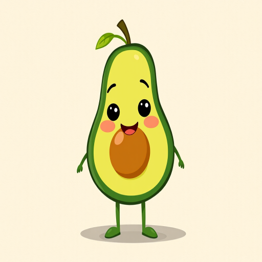 Create a whimsical illustration of a cute cartoon avocado character with a smiling face and small limbs, standing cheerfully against a textured beige background, captured with a Canon EOS R5, 50mm lens, f/2.8 aperture, ISO 100, soft diffused lighting for enhanced detail and vibrancy.