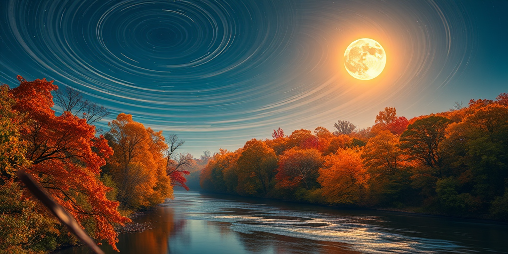Generate a vibrant autumn landscape with swirling starry skies over a tranquil river, illuminated by a radiant moon, featuring silhouettes of diverse trees with colorful foliage, captured with a Canon EOS R5, 24mm lens, f/2.8 aperture, ISO 100, long exposure for enhanced light trails and depth.