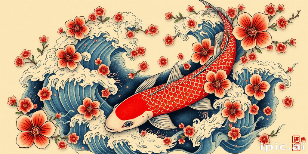 Japanese-inspired irezumi tattoo titled "Koi Cascade" featuring a large-scale full-body design of swirling water koi fish and cherry blossoms in vibrant traditional colors