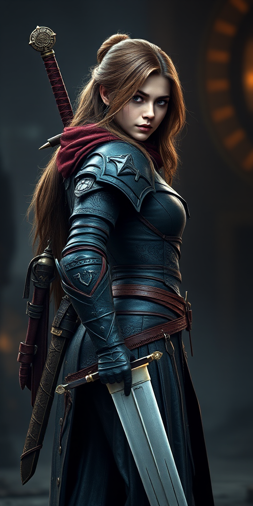 Generate a digital artwork of a female rogue character standing confidently with a sword on her back, wearing dark, intricate armor with red accents, shot in high resolution with a 50mm lens at f/1.8, using a Canon DSLR, in a portrait view with dramatic lighting and a soft focus background to enhance details.