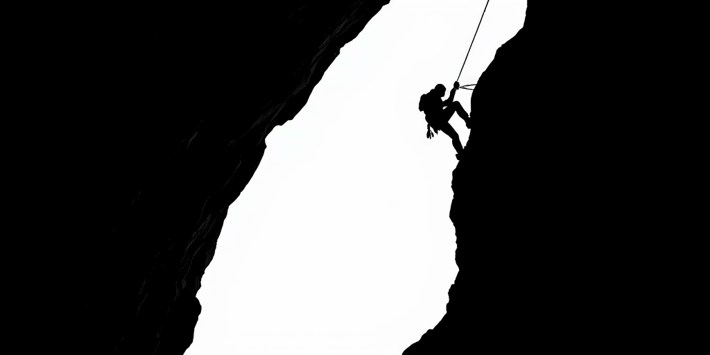 Create a high-contrast silhouette of a rock climber descending a cliff, captured with a Canon EOS 5D Mark IV at f/8, ISO 100, 1/500s, using a 50mm lens from a low angle to emphasize the climber against a bright white background.