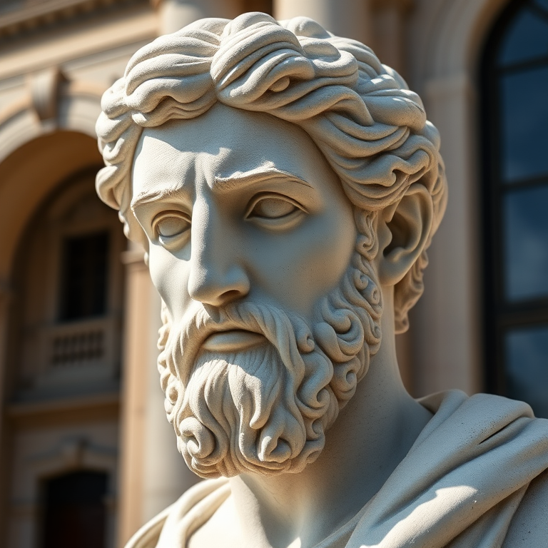 Create a highly detailed and realistic sculpture of a classical figure with a focus on the facial features and textures, shot with a Canon EOS R5 at f/1.8, 50mm lens, in natural sunlight for soft shadows, with a shallow depth of field to highlight the subject against a blurred architectural background.