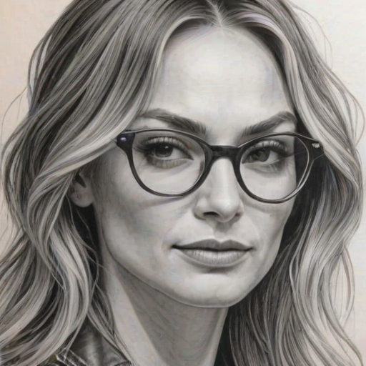 Charming Drea de Matteo, pencil sketch, portrait of Dazzling woman 1969s in glasses, hair style beatnik, outline, clear lines, fine lines, 8k