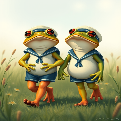 Create a vintage-style illustration of two anthropomorphic frogs in sailor outfits walking together in a grassy field, soft focus, natural daylight, f/4 aperture, 50mm lens, DSLR camera.